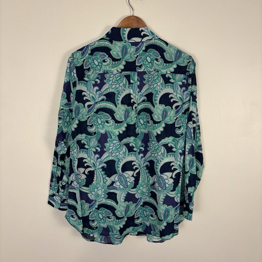 Talbots 1X Cotton Button Front Shirt Charming Floral Paisley Blue - Picture 4 of 7